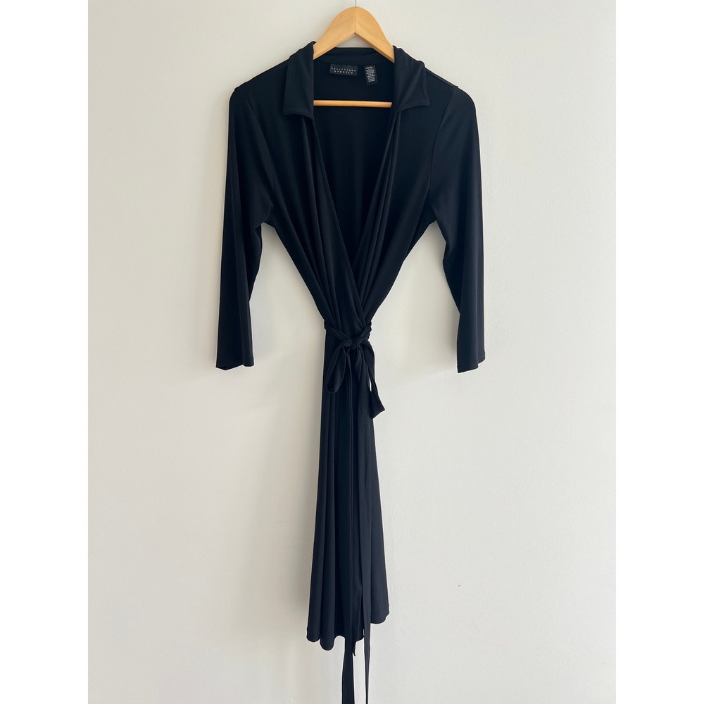 Apostrophe Stretch‎ Black Wrap Dress L Office Siren Minimalist Chic Y2K
